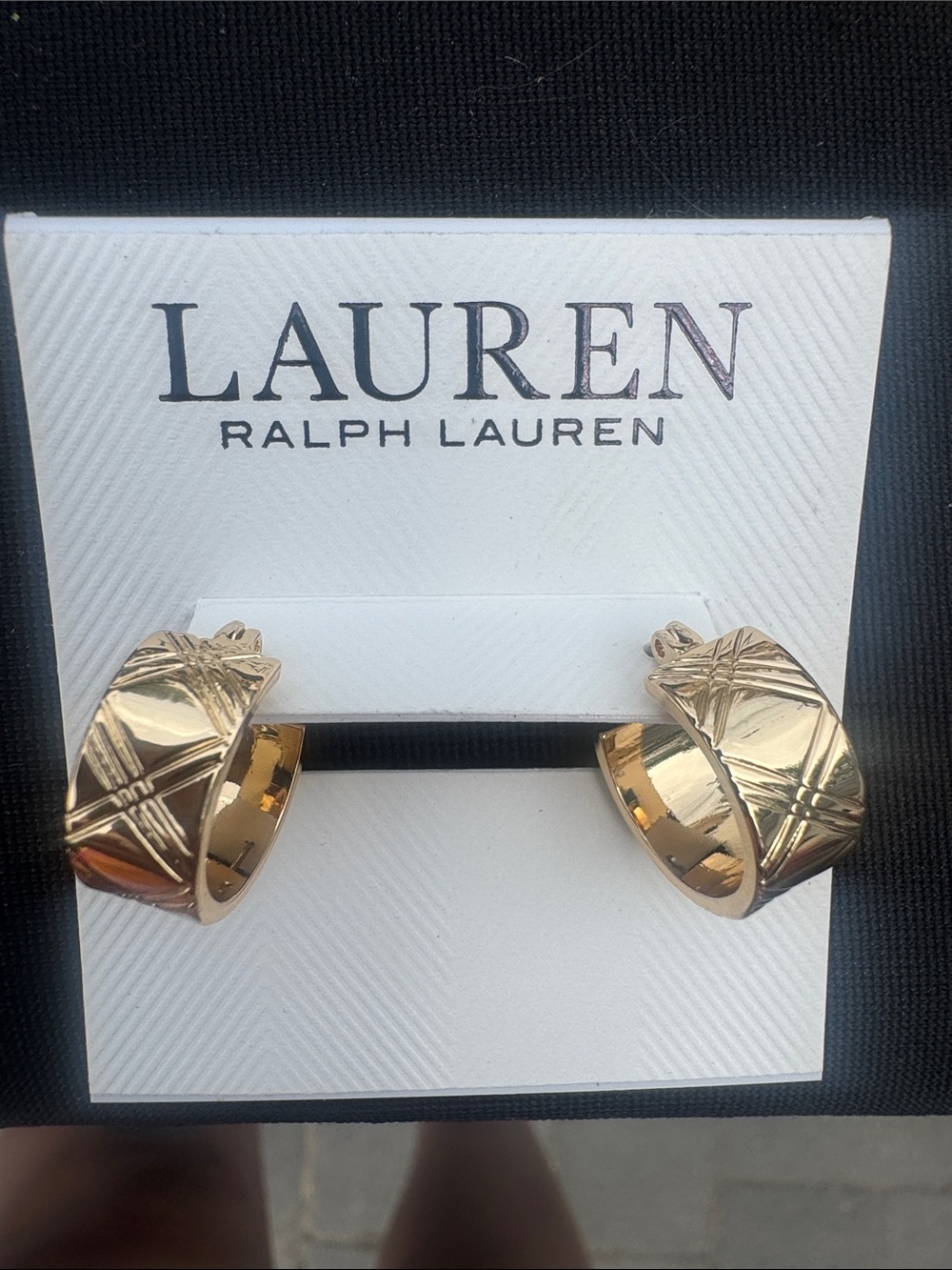 New Lauren Ralph Lauren Polished Gold Crosshatch Hoop Earrings